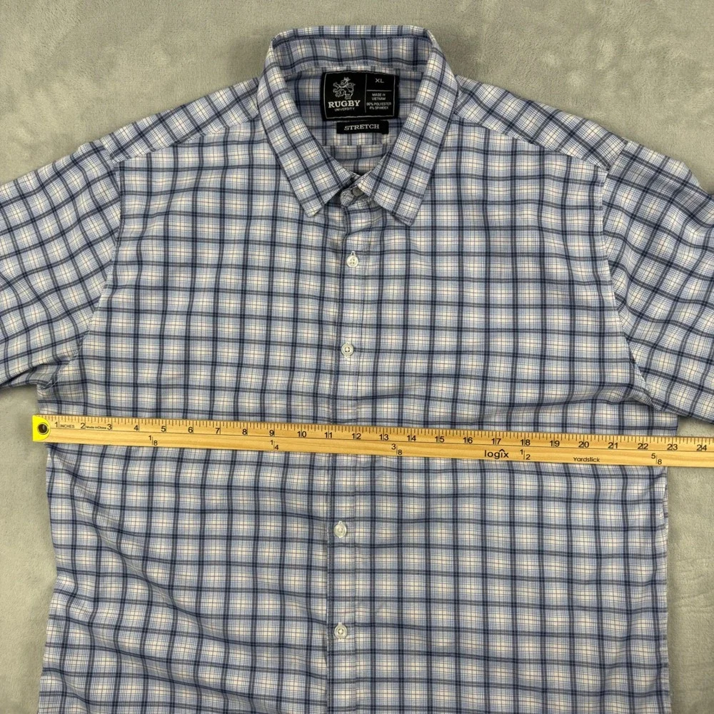 Rugby University Men's Blue White Plaid Stretch Long Sleeve Button Down Shirt XL